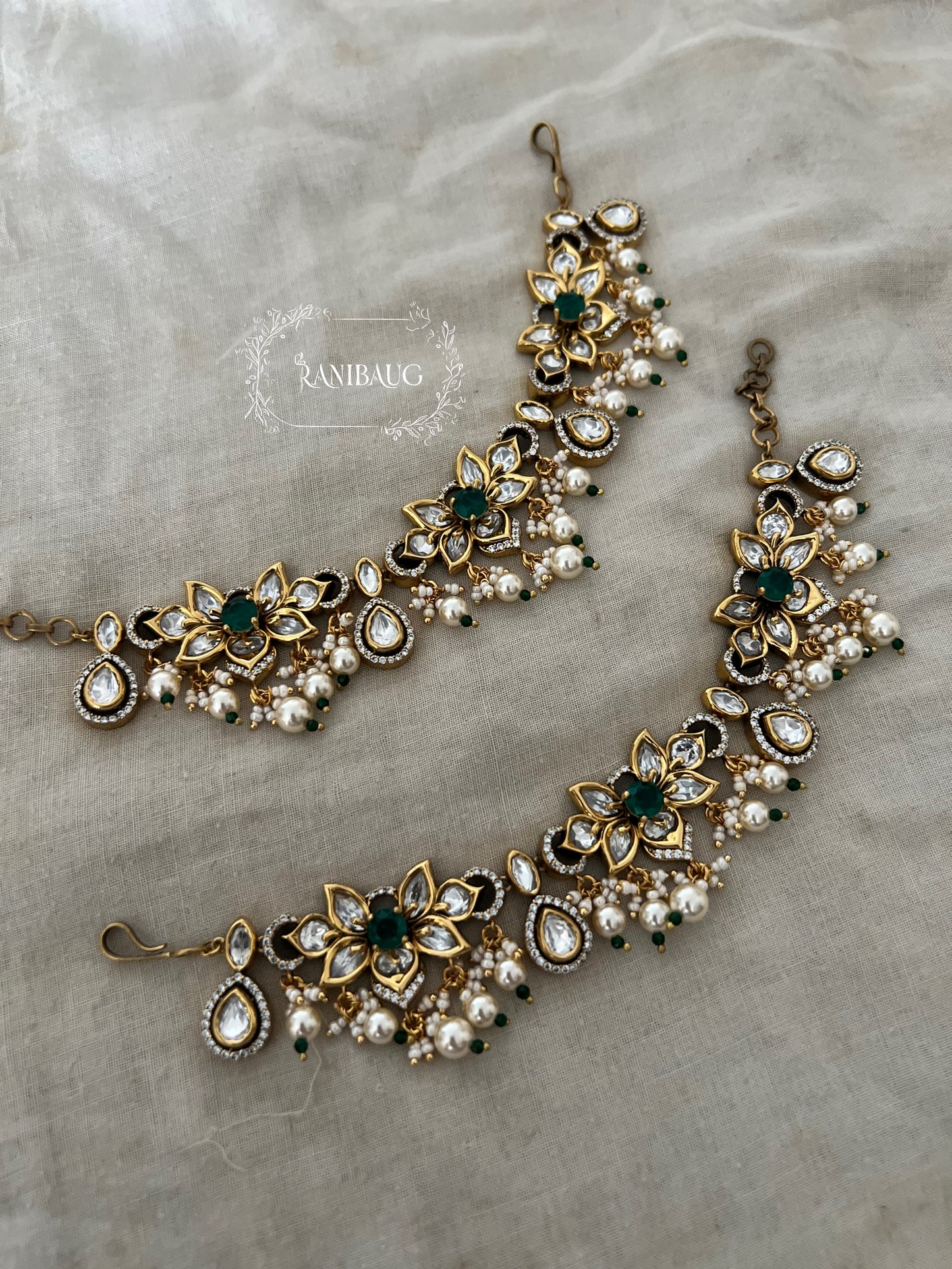 Vartika Gold Finish Polki Studded Pearl Adorned Floral Motif Designer Hairchain Jewelry By Ranibaug