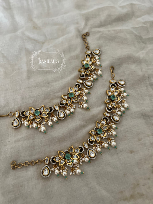 Vartika Gold Finish Polki Studded Pearl Adorned Floral Motif Designer Hairchain Jewelry By Ranibaug