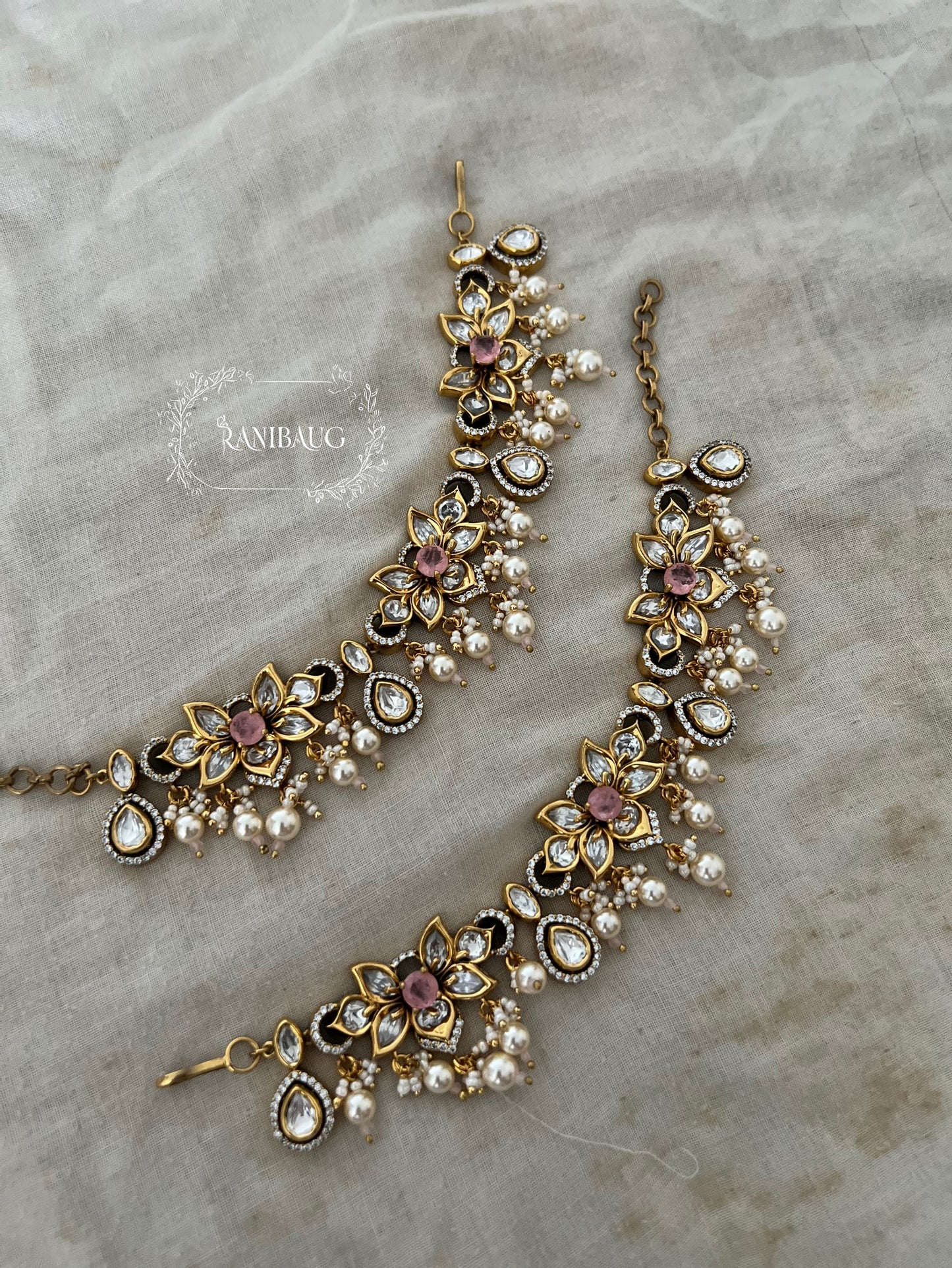 Vartika Gold Finish Polki Studded Pearl Adorned Floral Motif Designer Hairchain Jewelry By Ranibaug