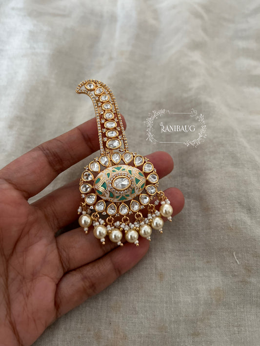 Varun Meenakari Polki Studded Rich Gold Finish Kalgi Broch Jewellery Adorned With Creamy Pearls By Ranibaug