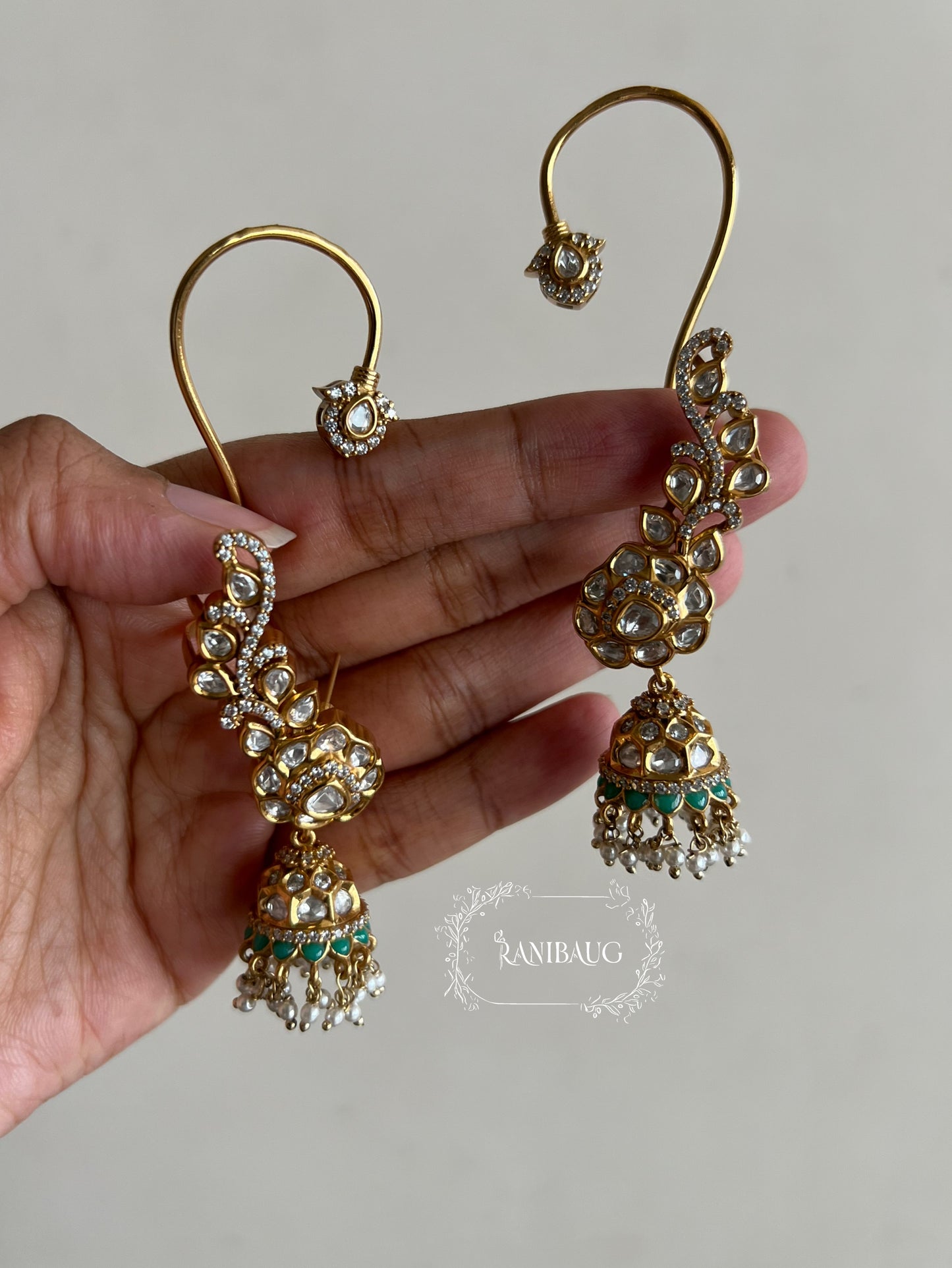 Vasantika Floral Vines Jhumki Dangler Kundan Indian Festive Ear Cuff Earring Jewellery By Ranibaug