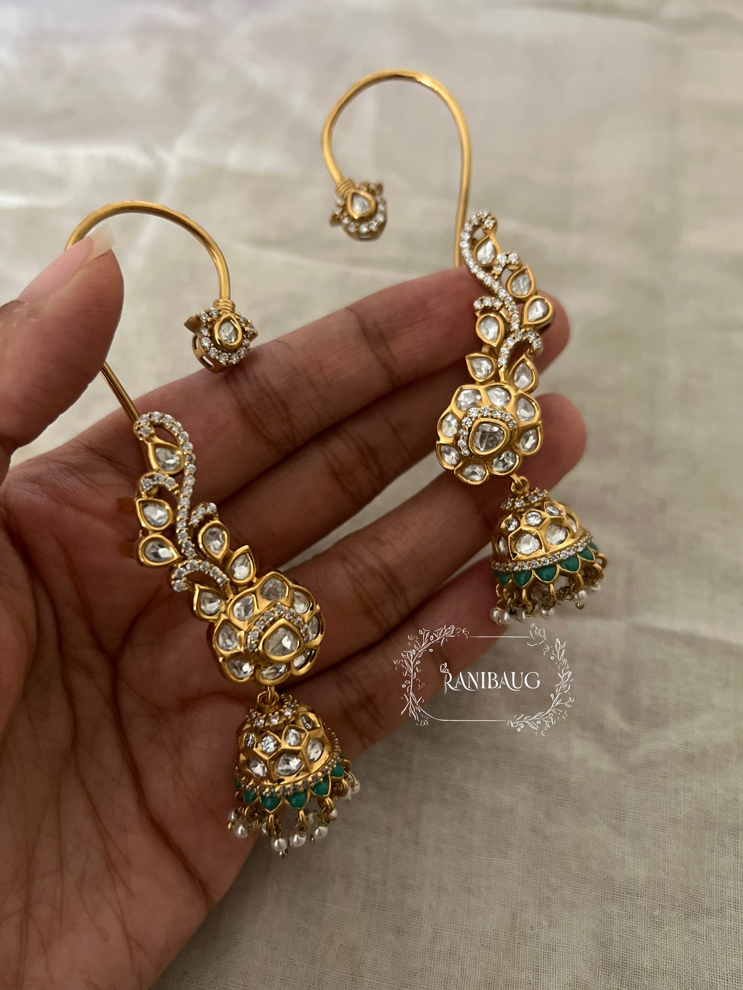 Vasantika Floral Vines Jhumki Dangler Kundan Indian Festive Ear Cuff Earring Jewellery By Ranibaug