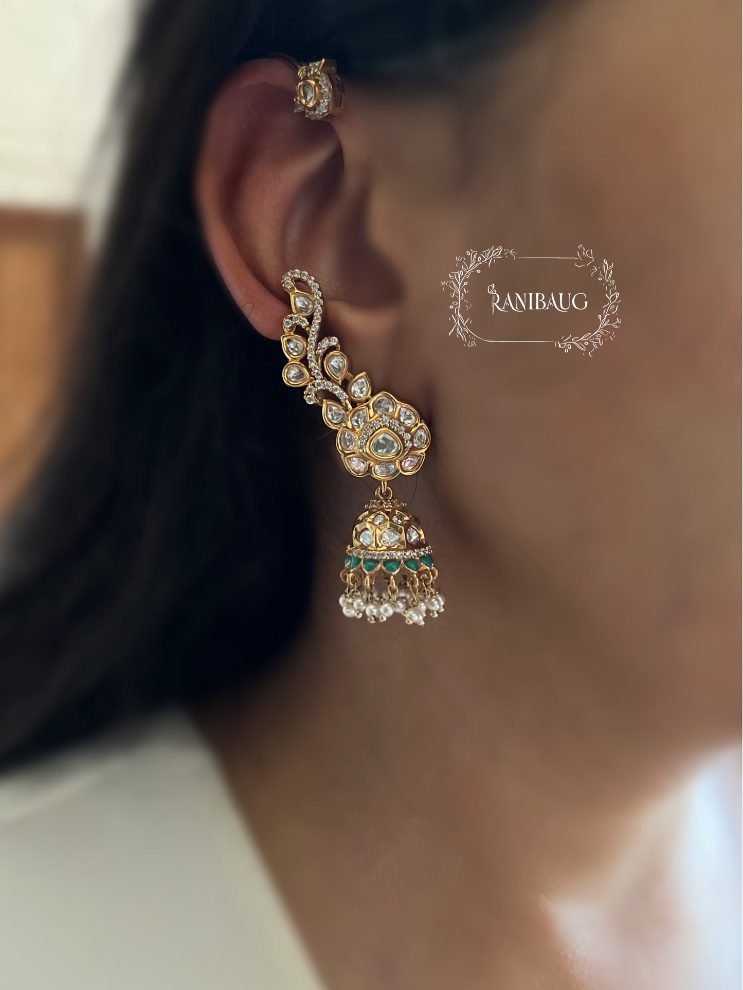 Vasantika Floral Vines Jhumki Dangler Kundan Indian Festive Ear Cuff Earring Jewellery By Ranibaug