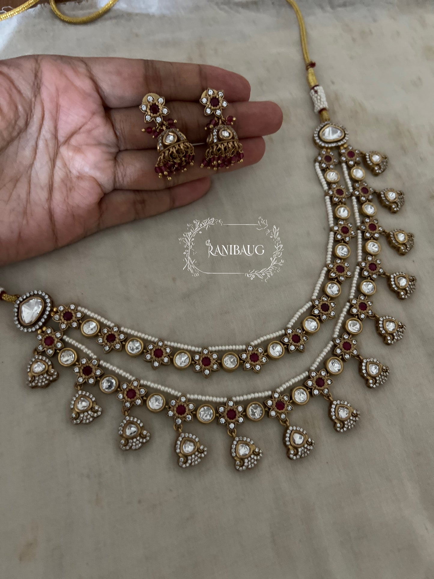 Vasudha Layered Polki Vintage Style Flower Motif Pearl Adorned Jewellery Set By Ranibaug