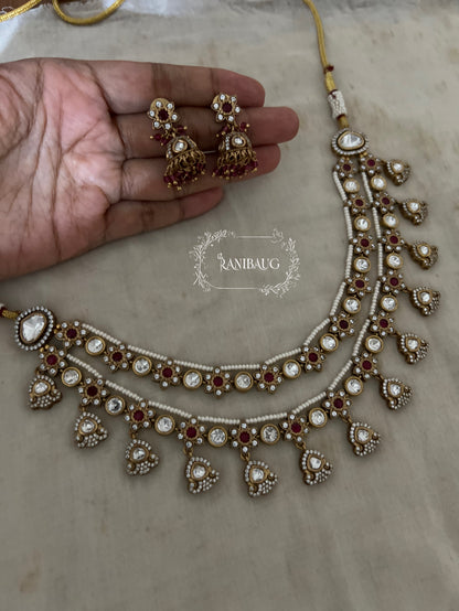 Vasudha Layered Polki Vintage Style Flower Motif Pearl Adorned Jewellery Set By Ranibaug