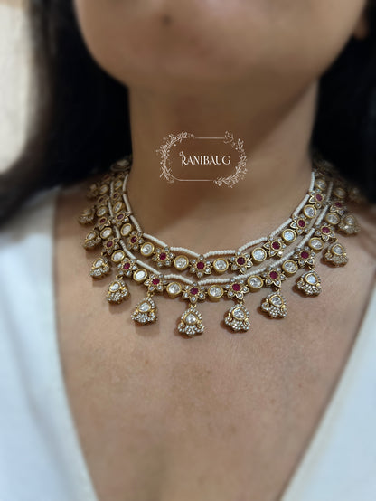 Vasudha Layered Polki Vintage Style Flower Motif Pearl Adorned Jewellery Set By Ranibaug