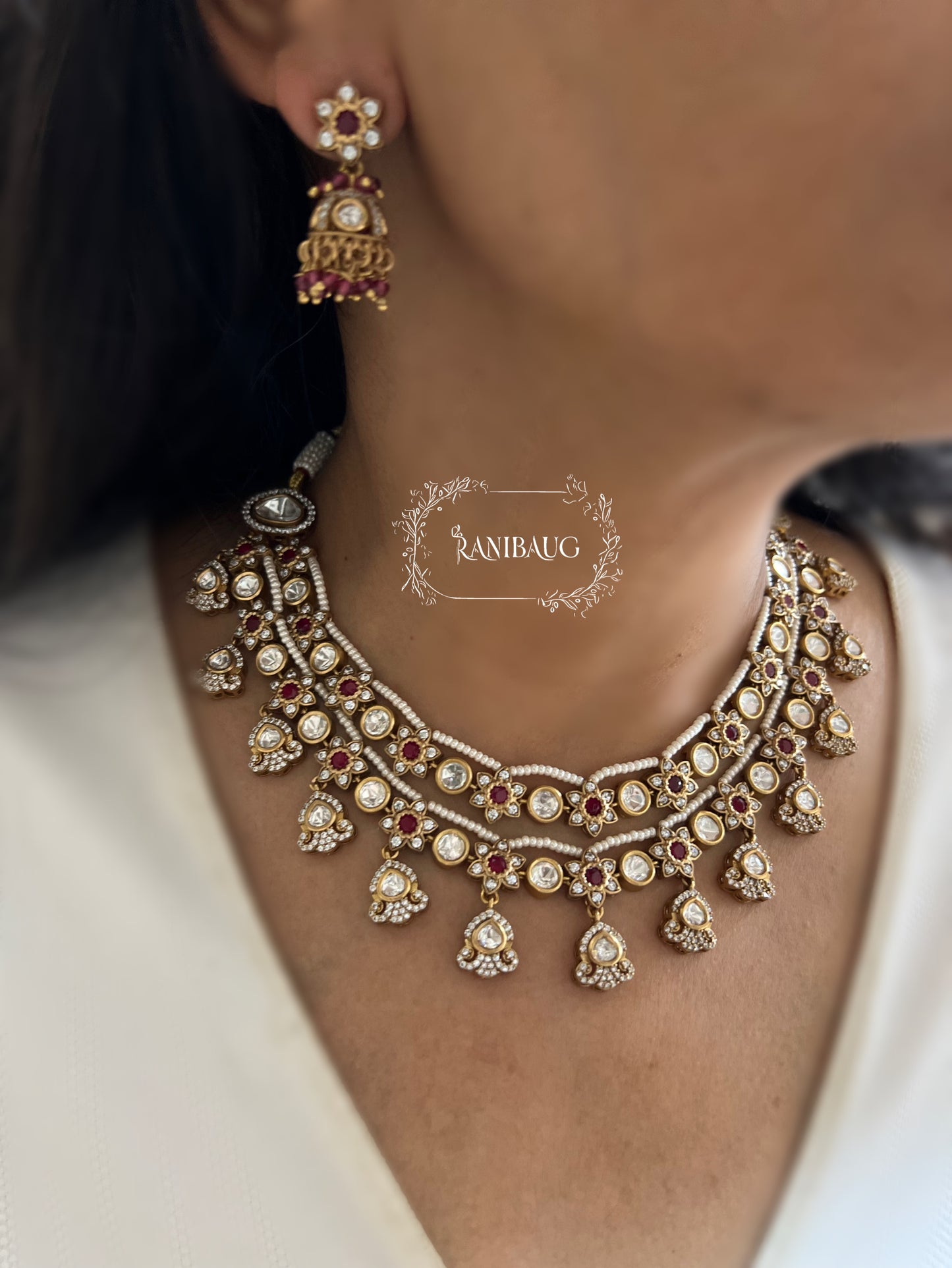 Vasudha Layered Polki Vintage Style Flower Motif Pearl Adorned Jewellery Set By Ranibaug