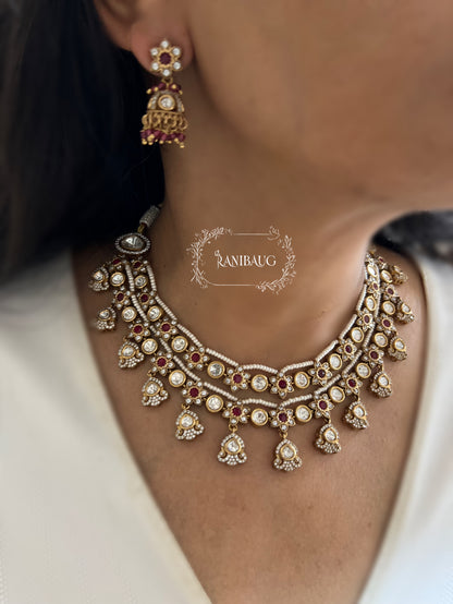 Vasudha Layered Polki Vintage Style Flower Motif Pearl Adorned Jewellery Set By Ranibaug