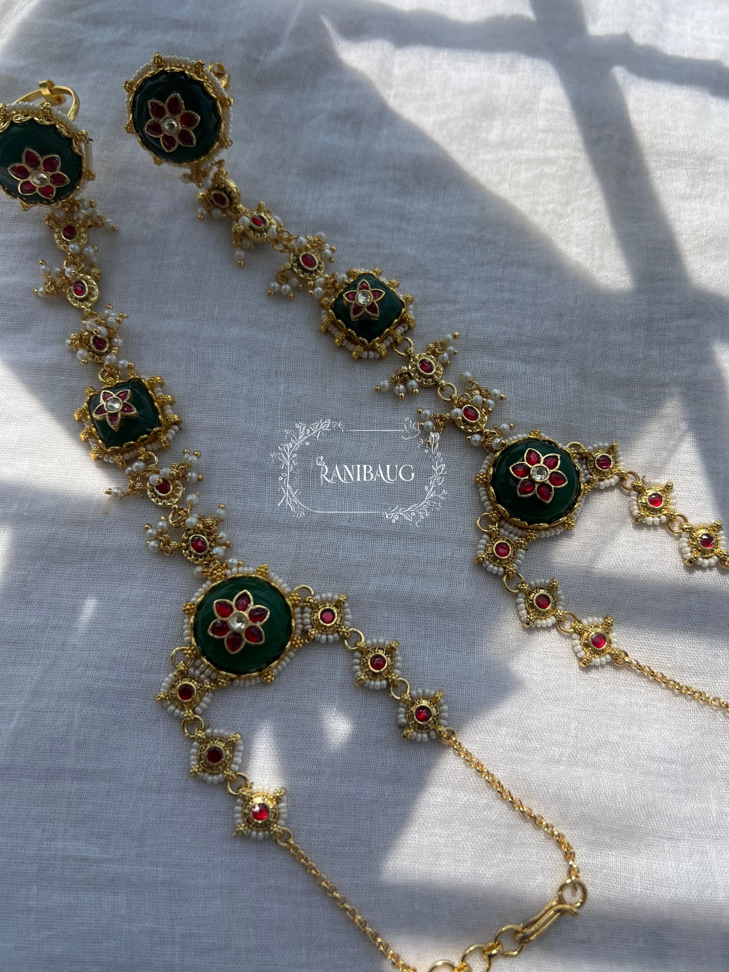 Vasundhara Beaded Emerald Gold Finish Haathphool Hand Jewelry By Ranibaug