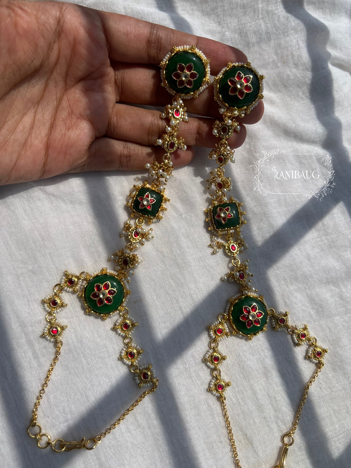 Vasundhara Beaded Emerald Gold Finish Haathphool Hand Jewelry By Ranibaug