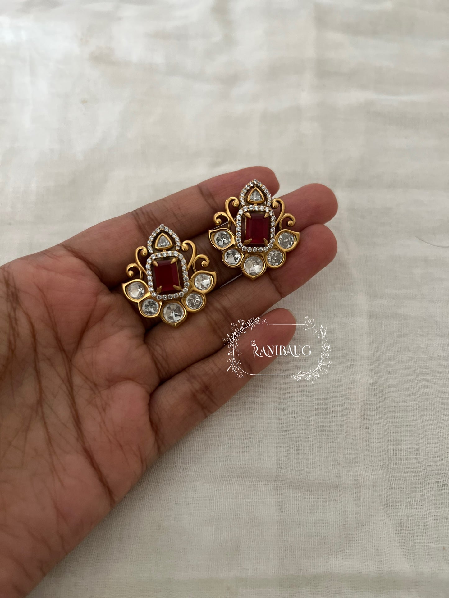 Vasundhara Polki Gemstone Gold Finish Ear Studs By Ranibaug