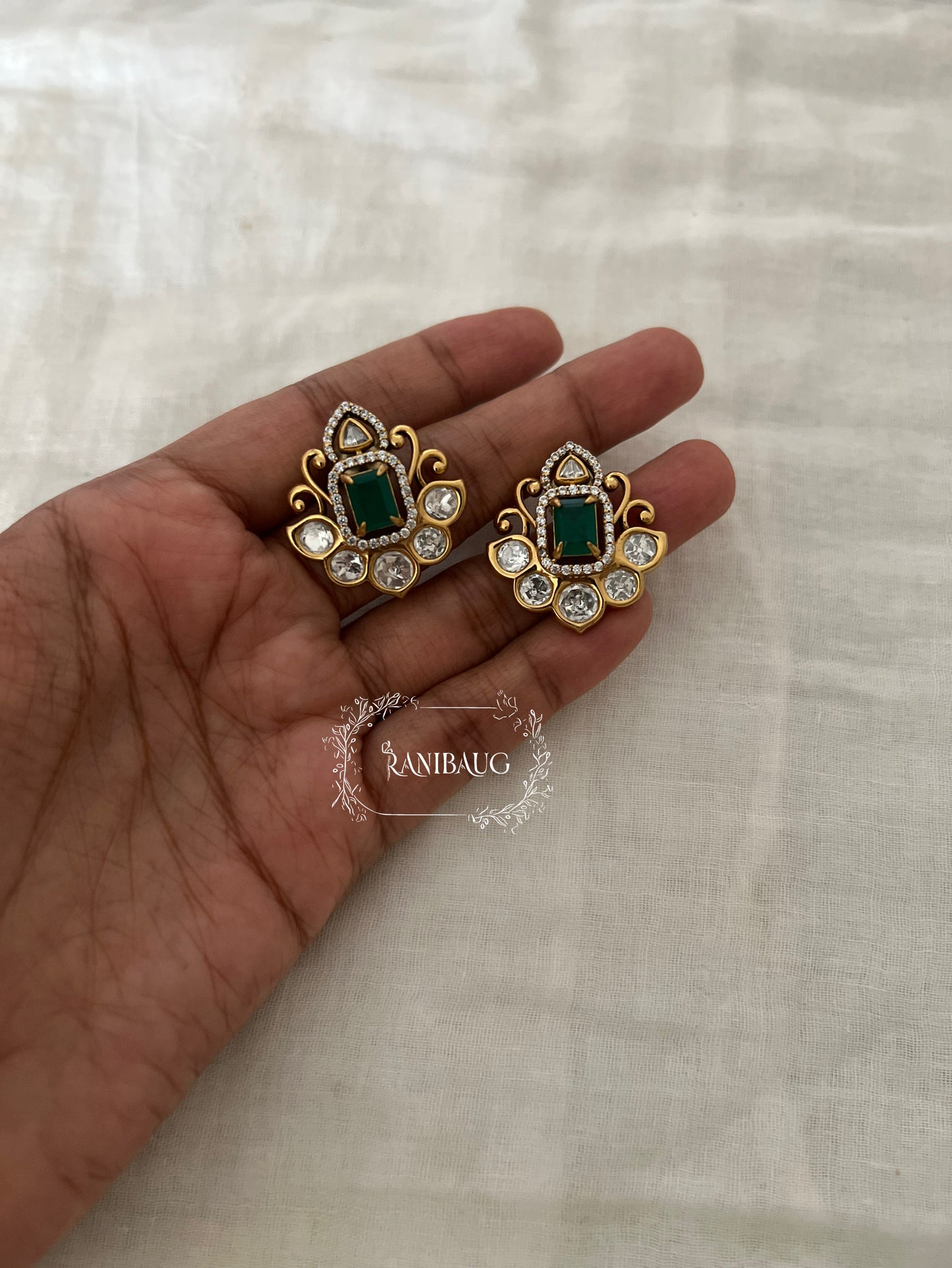 Vasundhara Polki Gemstone Gold Finish Ear Studs By Ranibaug