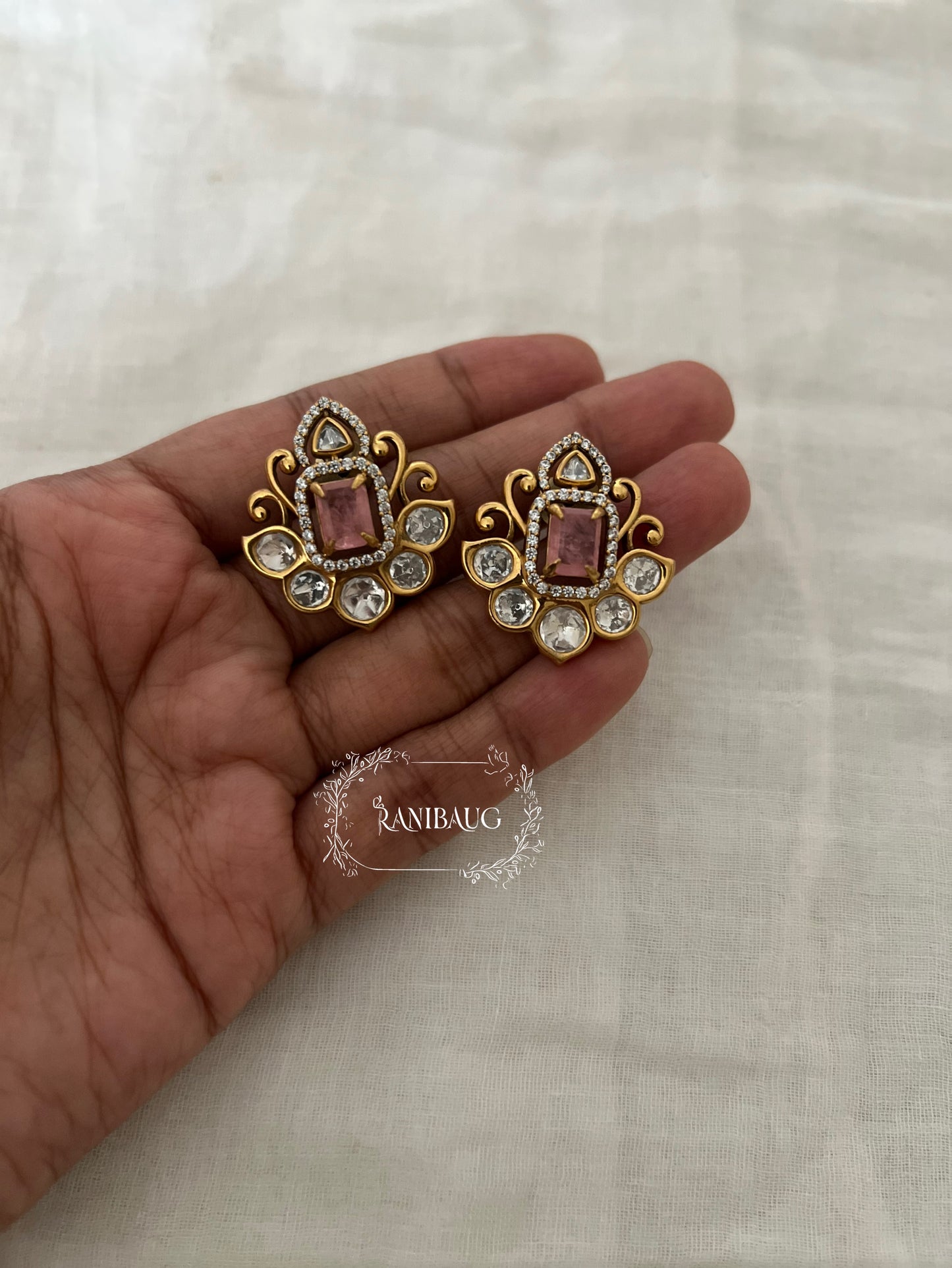 Vasundhara Polki Gemstone Gold Finish Ear Studs By Ranibaug