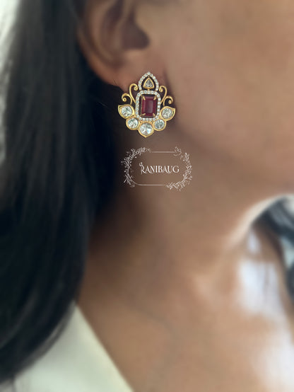 Vasundhara Polki Gemstone Gold Finish Ear Studs By Ranibaug