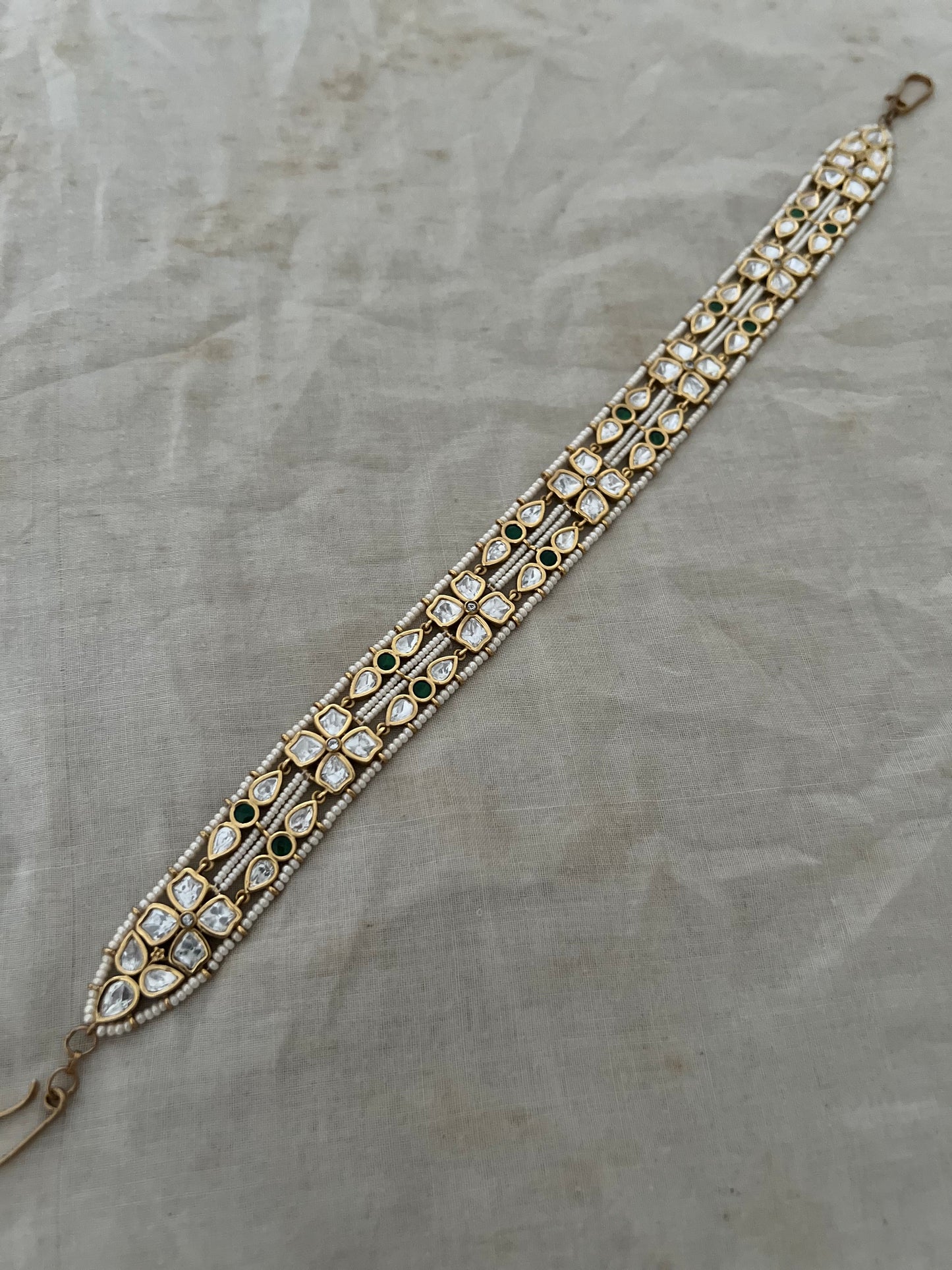 Vasundhara Polki Kundan Pearl Adorned Gold Finish Sheeshpatti Jewelry By Ranibaug