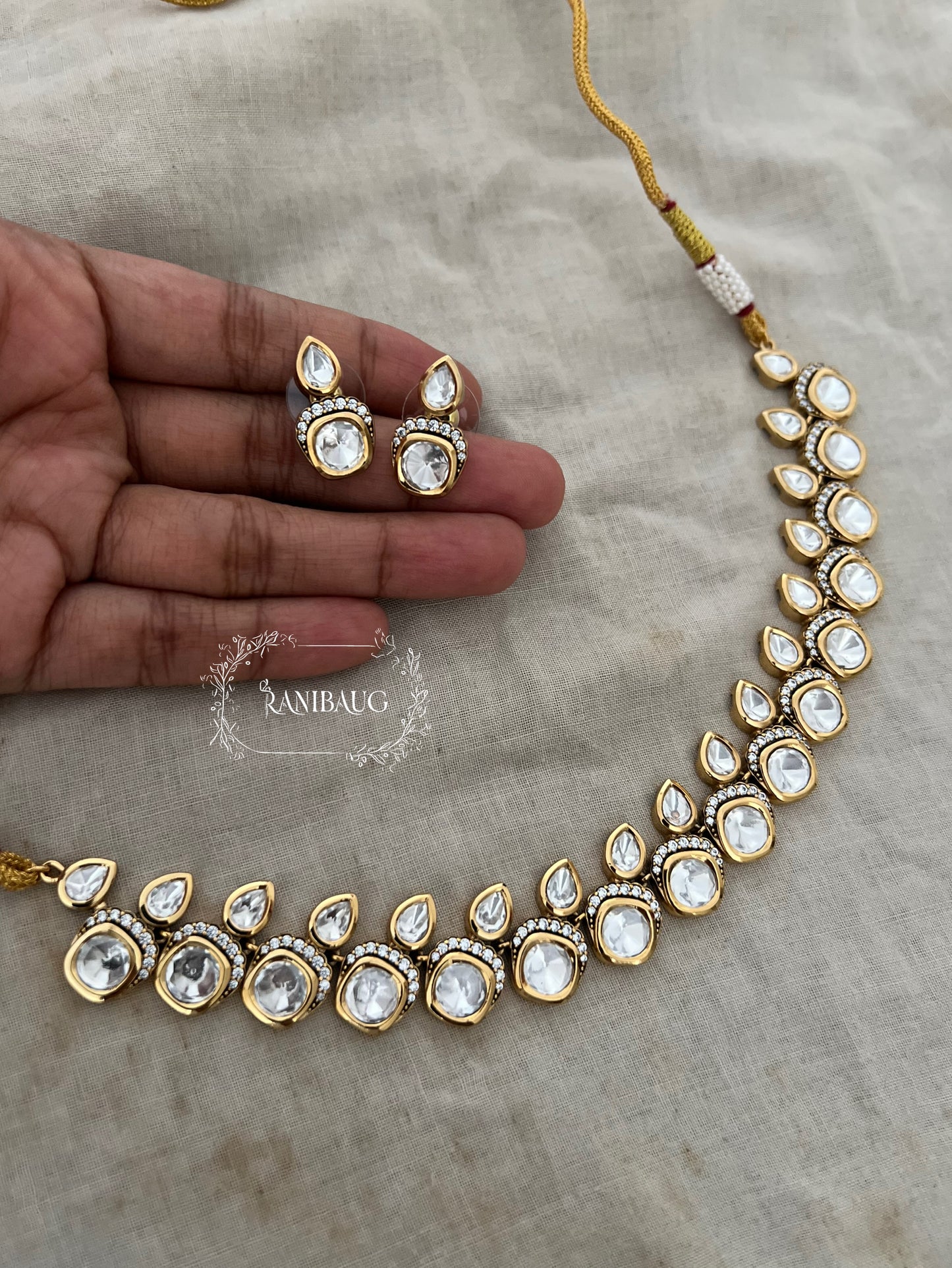Veda Kundan Polki Gold Finish Premium Necklace Set By Ranibaug