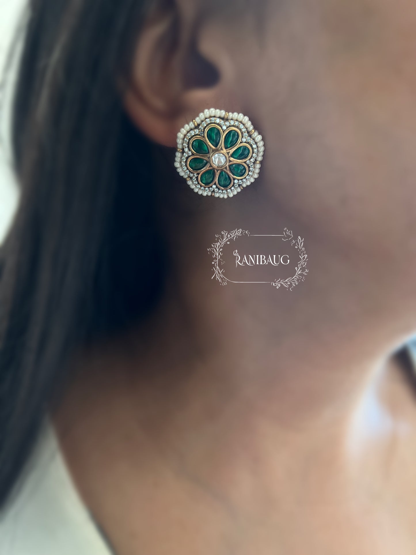 Vedaka Flower Ear Studs Kundan Studded With Enamel And Pearl Detailing By Ranibaug