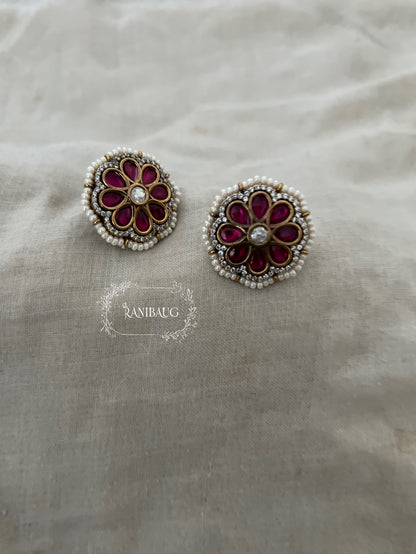 Vedaka Flower Ear Studs Kundan Studded With Enamel And Pearl Detailing By Ranibaug