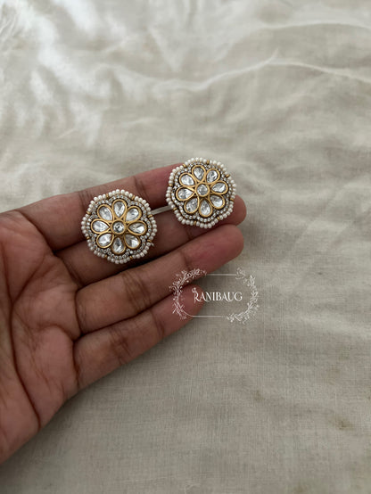 Vedaka Flower Ear Studs Kundan Studded With Enamel And Pearl Detailing By Ranibaug