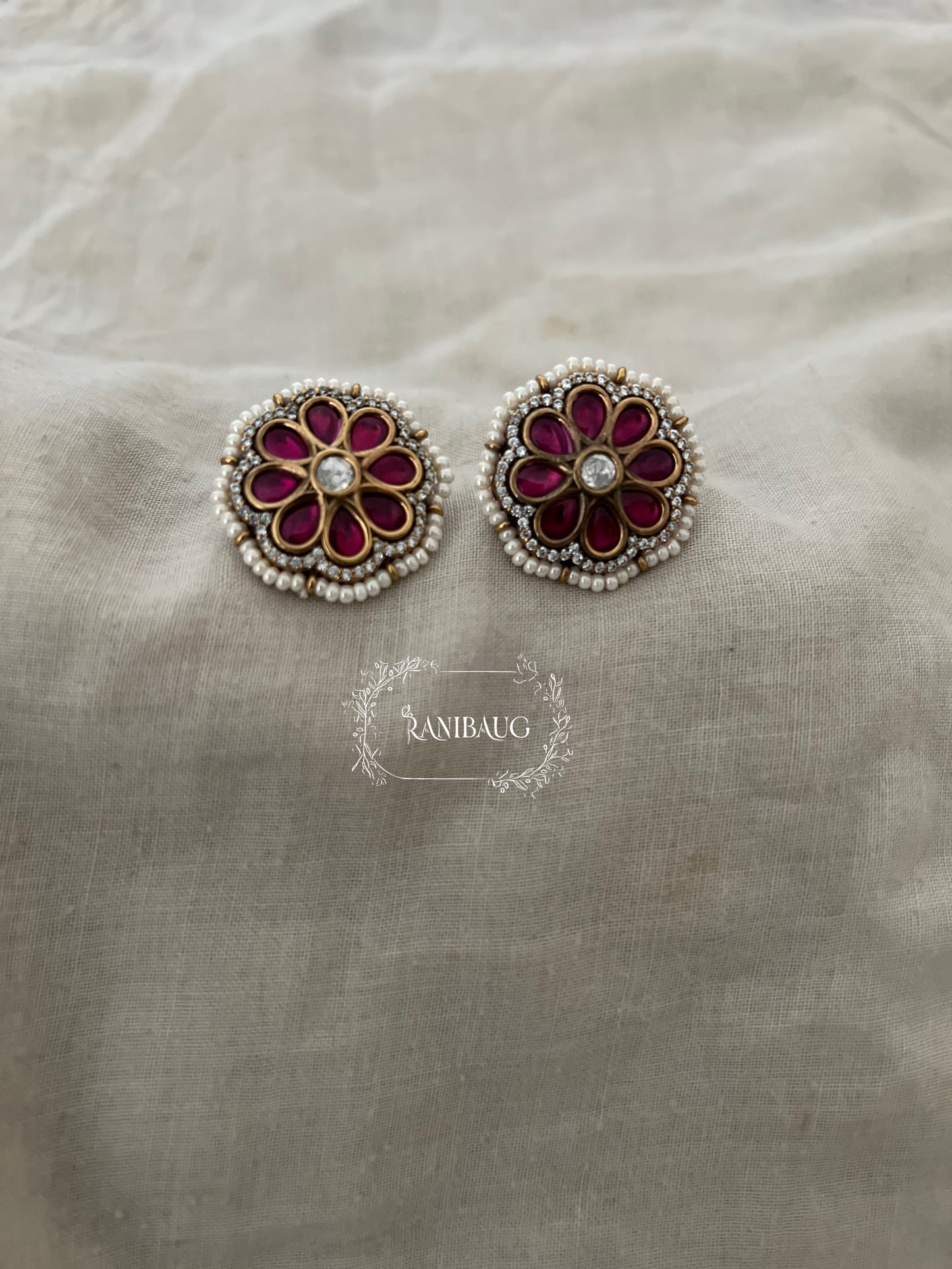 Vedaka Flower Ear Studs Kundan Studded With Enamel And Pearl Detailing By Ranibaug