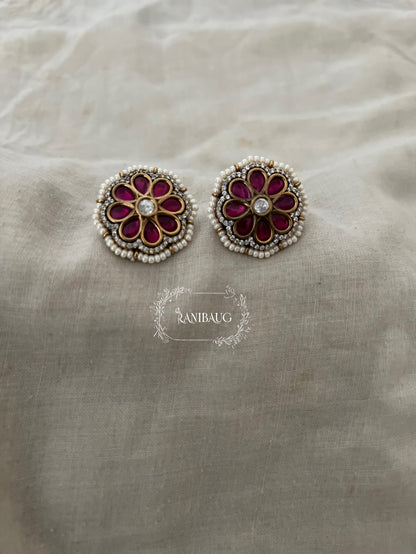 Vedaka Flower Ear Studs Kundan Studded With Enamel And Pearl Detailing By Ranibaug