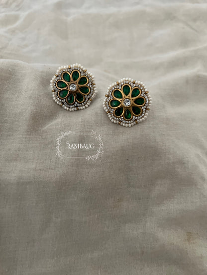 Vedaka Flower Ear Studs Kundan Studded With Enamel And Pearl Detailing By Ranibaug