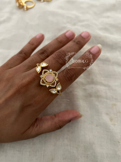 Vedasha Floral Gold Finish Blossom Polki Dual Finger Ring Jewelry By Ranibaug