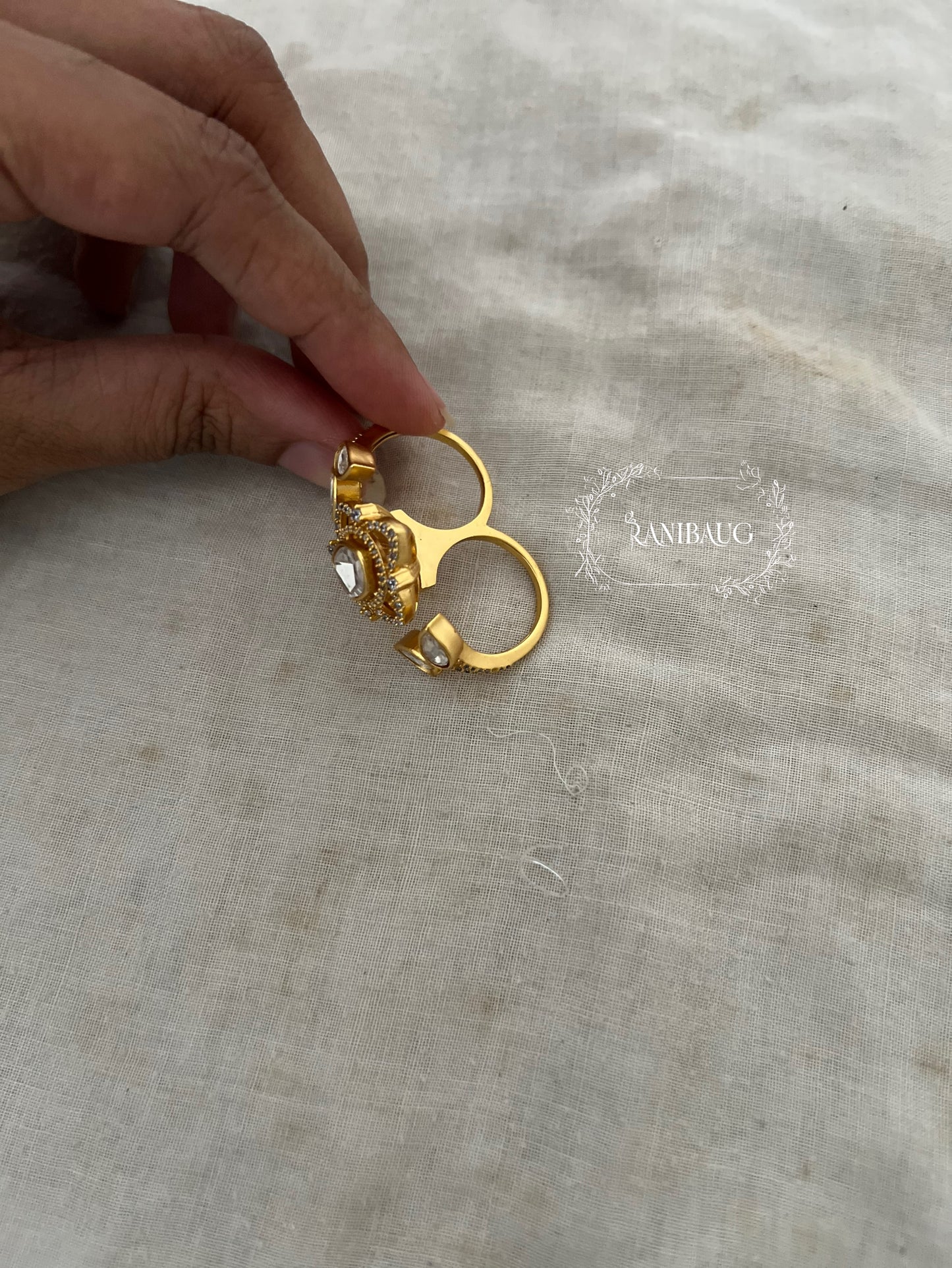 Vedasha Floral Gold Finish Blossom Polki Dual Finger Ring Jewelry By Ranibaug