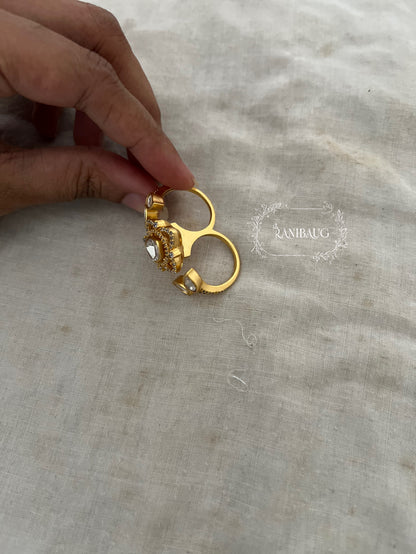 Vedasha Floral Gold Finish Blossom Polki Dual Finger Ring Jewelry By Ranibaug