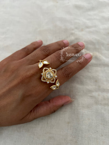Vedasha Floral Gold Finish Blossom Polki Dual Finger Ring Jewelry By Ranibaug