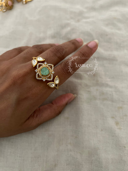 Vedasha Floral Gold Finish Blossom Polki Dual Finger Ring Jewelry By Ranibaug