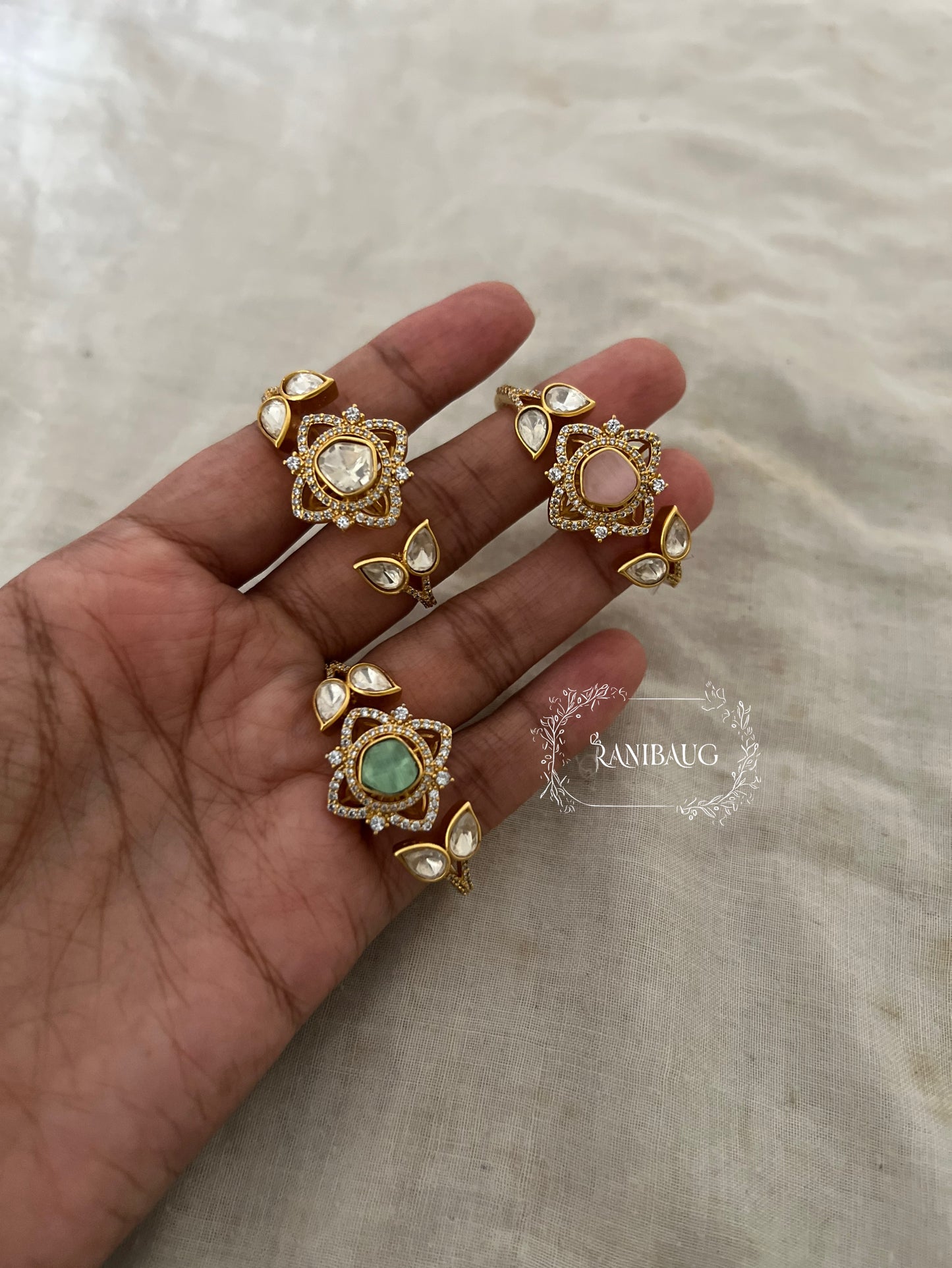 Vedasha Floral Gold Finish Blossom Polki Dual Finger Ring Jewelry By Ranibaug