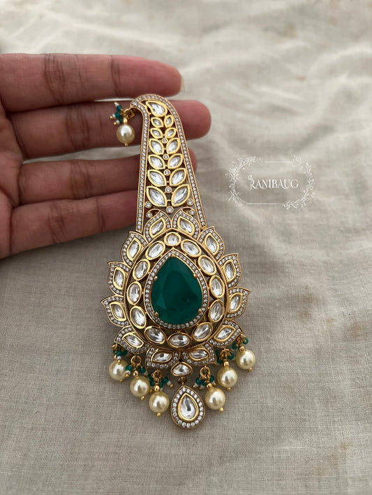 Veer Premium Gold Finish Kundan Polki Studded Emerald Stone Kalgi Jewelry For Wedding By Ranibaug