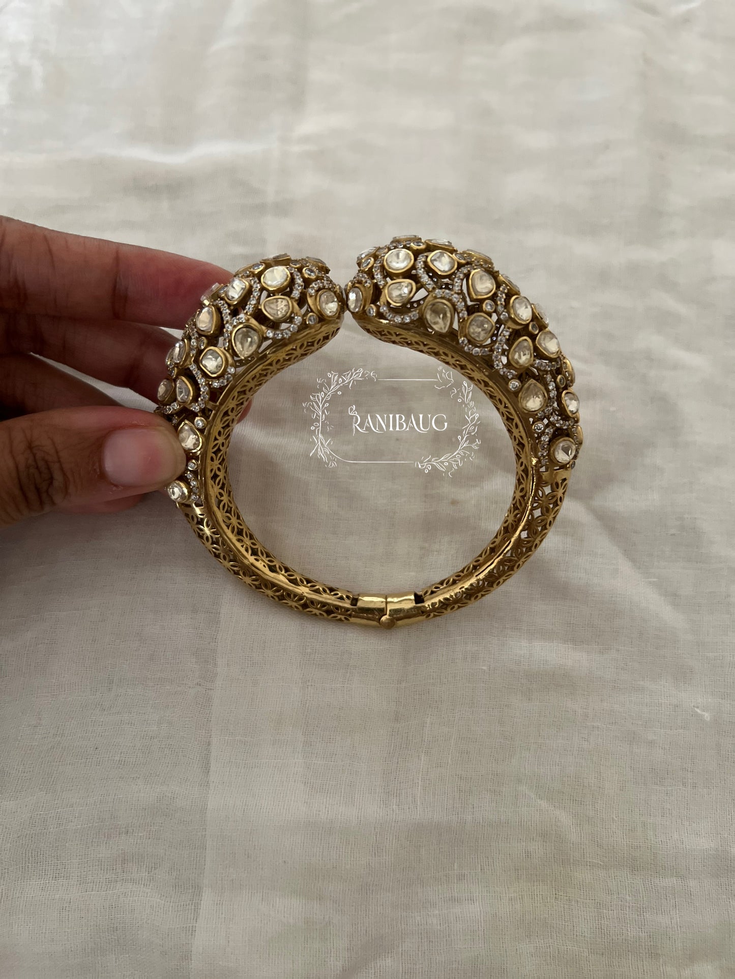 Veerya Polki Studded Antique Gold Finish Royal Designer Bracelet By Ranibaug