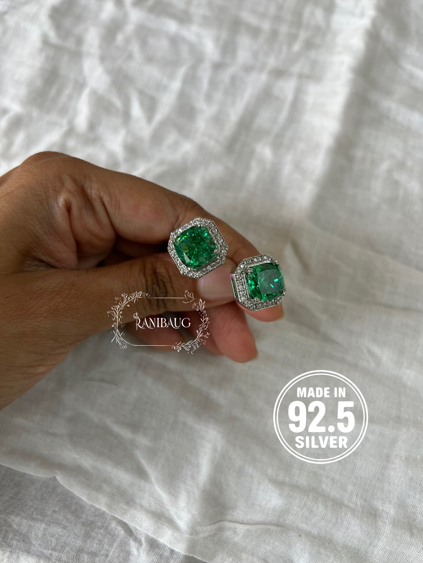 Verena Bold Emerald Halo 92.5 Silver Ear Studs By Ranibaug