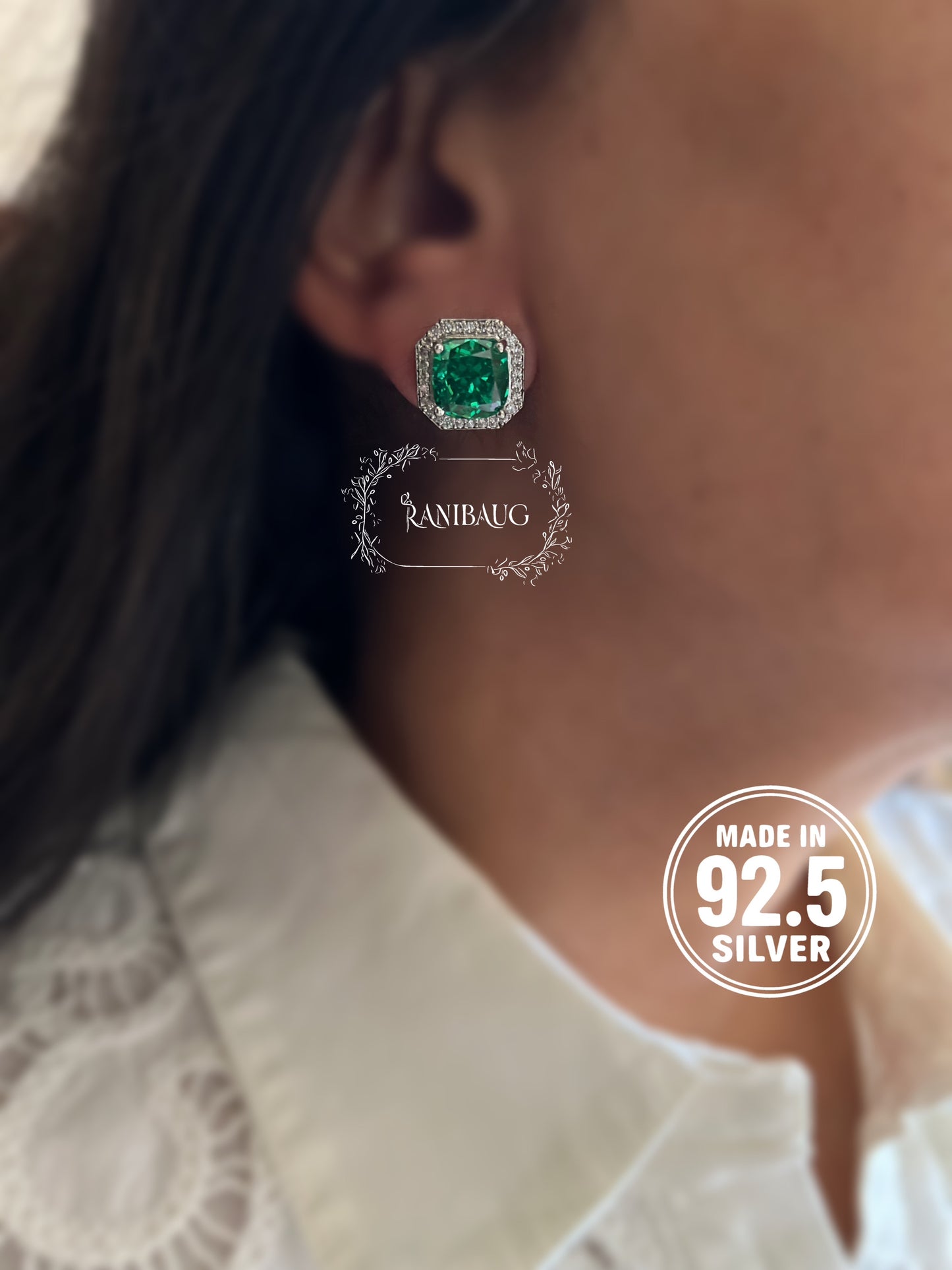 Verena Bold Emerald Halo 92.5 Silver Ear Studs By Ranibaug