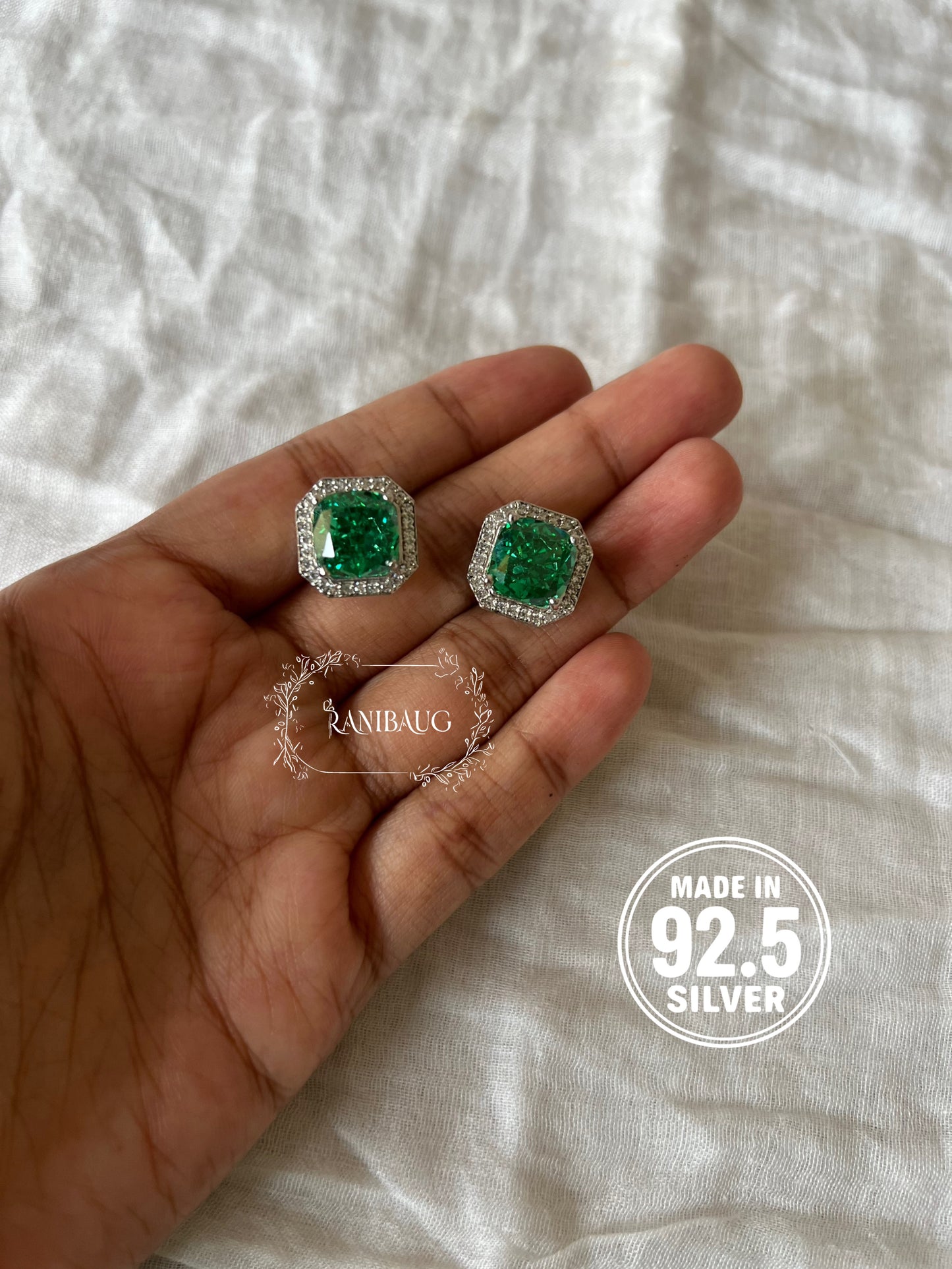 Verena Bold Emerald Halo 92.5 Silver Ear Studs By Ranibaug