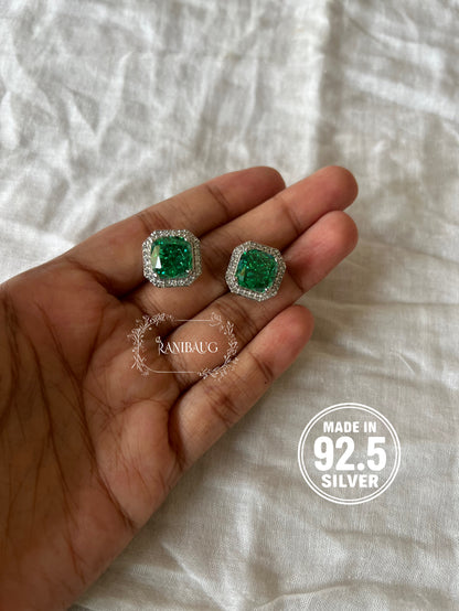 Verena Bold Emerald Halo 92.5 Silver Ear Studs By Ranibaug