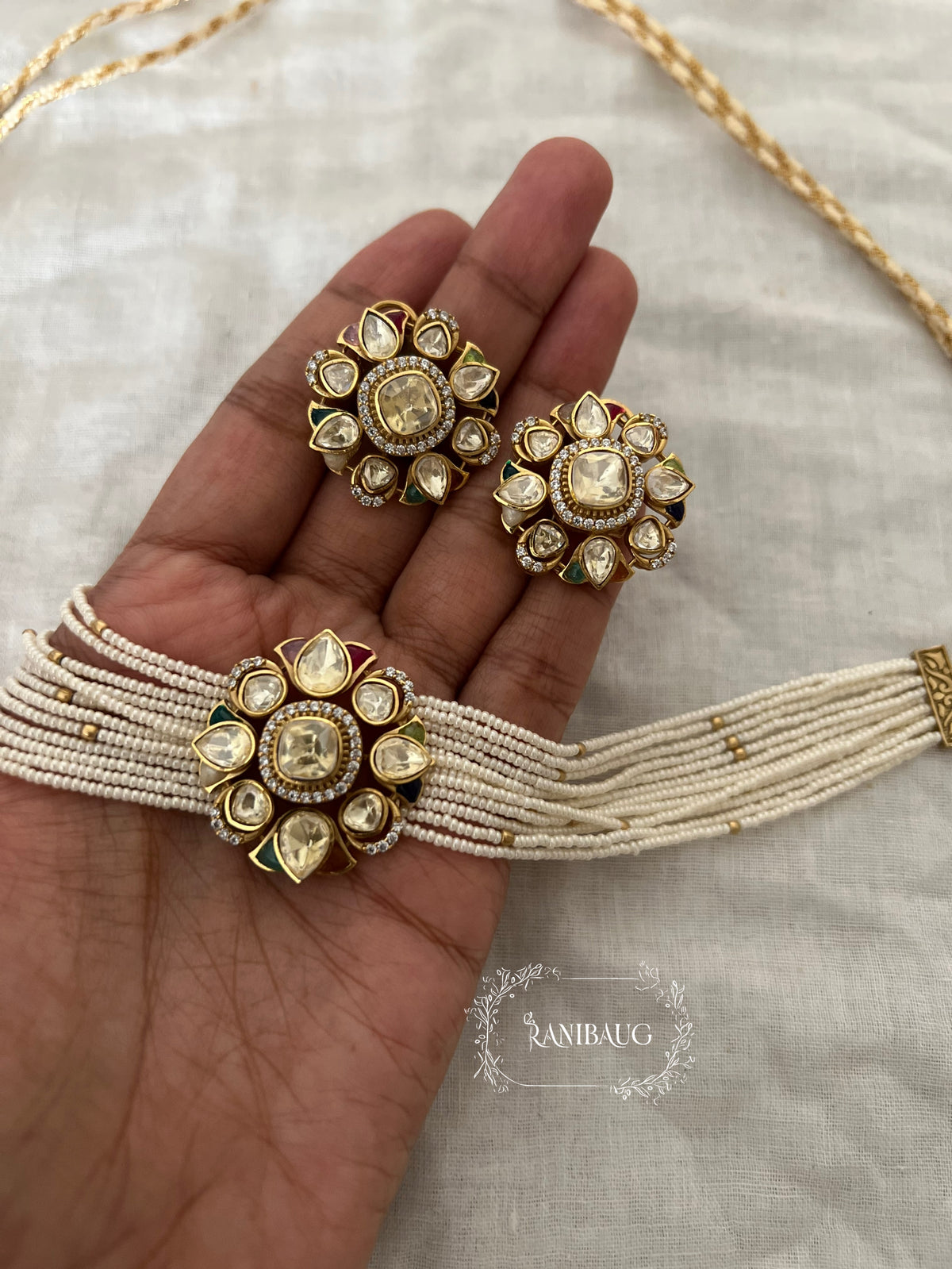 Vidhi Mossainite Polki Kundan Gold Finish Seed Pearl Classic Choker Jewellery Set By Ranibaug