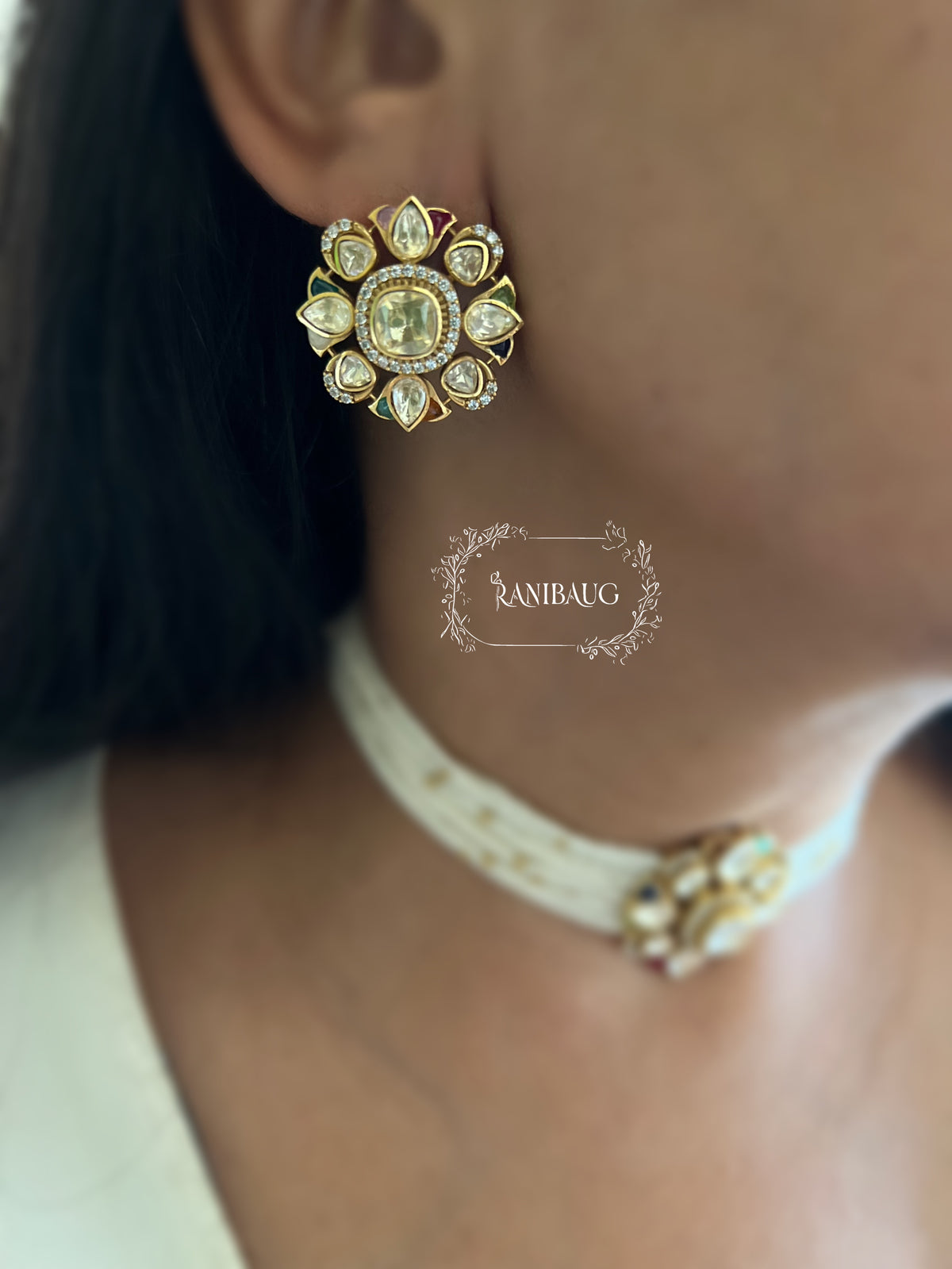 Vidhi Mossainite Polki Kundan Gold Finish Seed Pearl Classic Choker Jewellery Set By Ranibaug