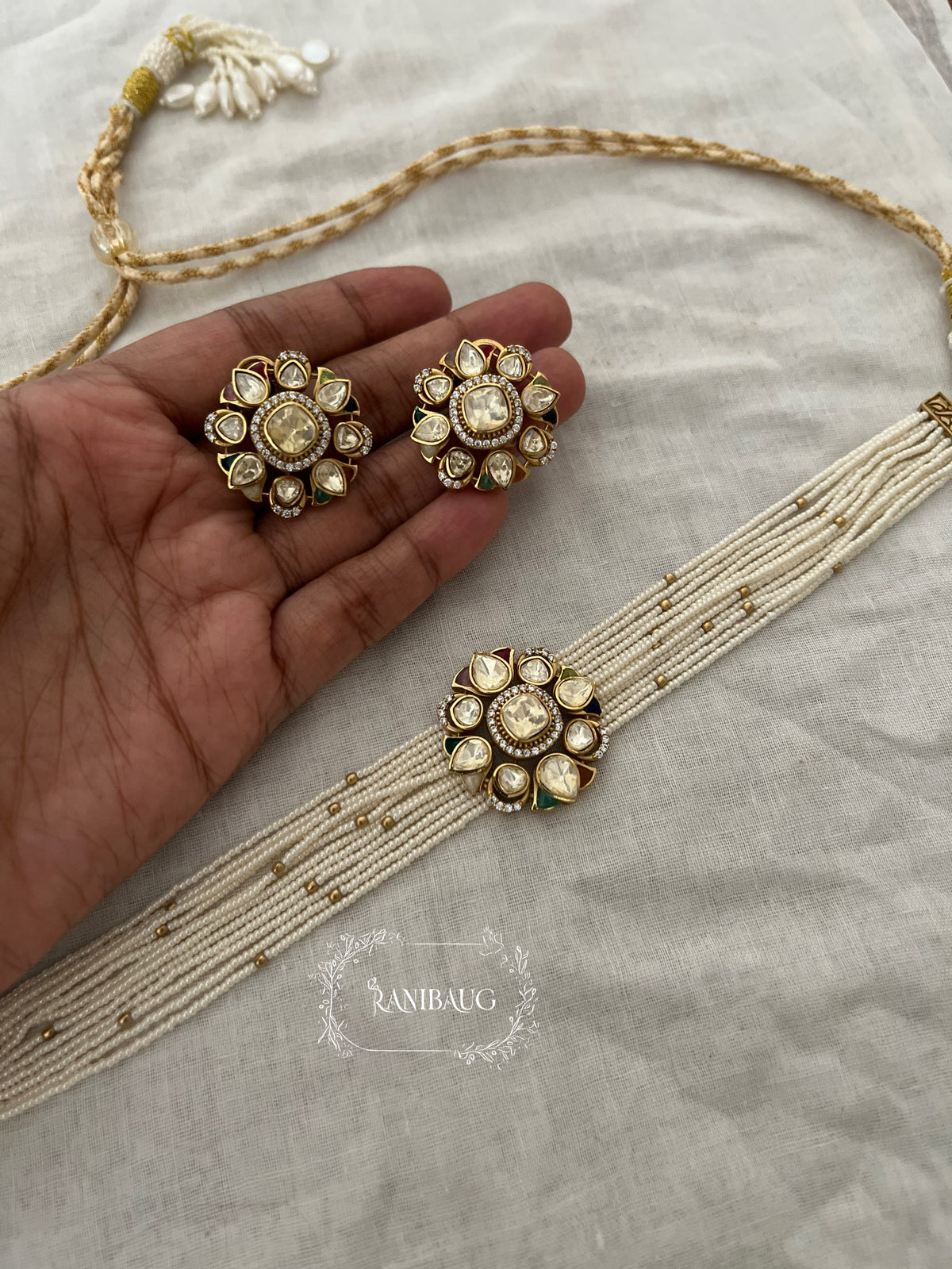 Vidhi Mossainite Polki Kundan Gold Finish Seed Pearl Classic Choker Jewellery Set By Ranibaug