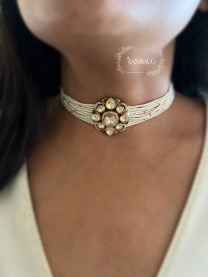 Vidhi Mossainite Polki Kundan Gold Finish Seed Pearl Classic Choker Jewellery Set By Ranibaug