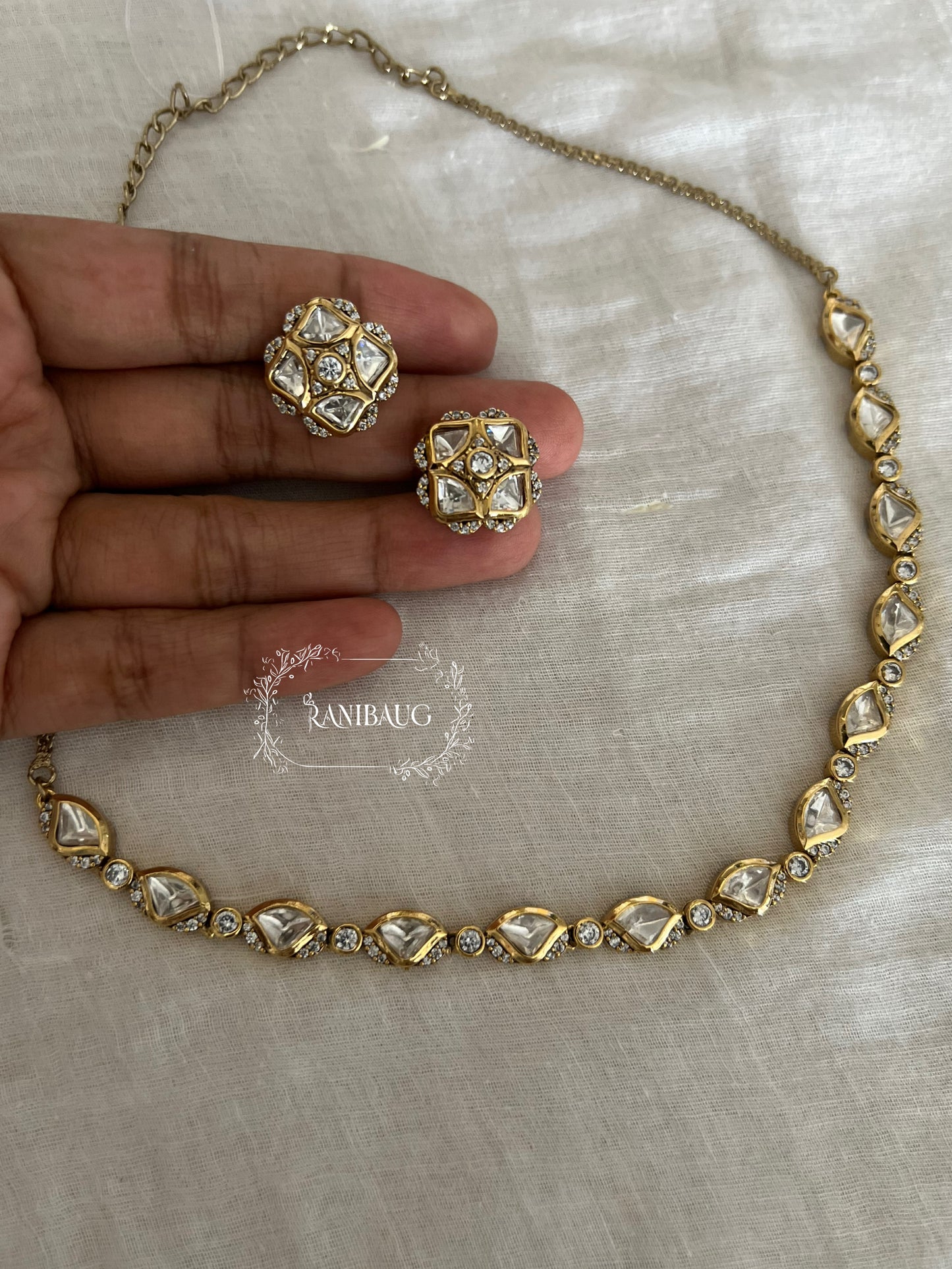 Vidisha Simple Minimal Polki Kundan Studded Gold Plated Designer Necklace Set By Ranibaug