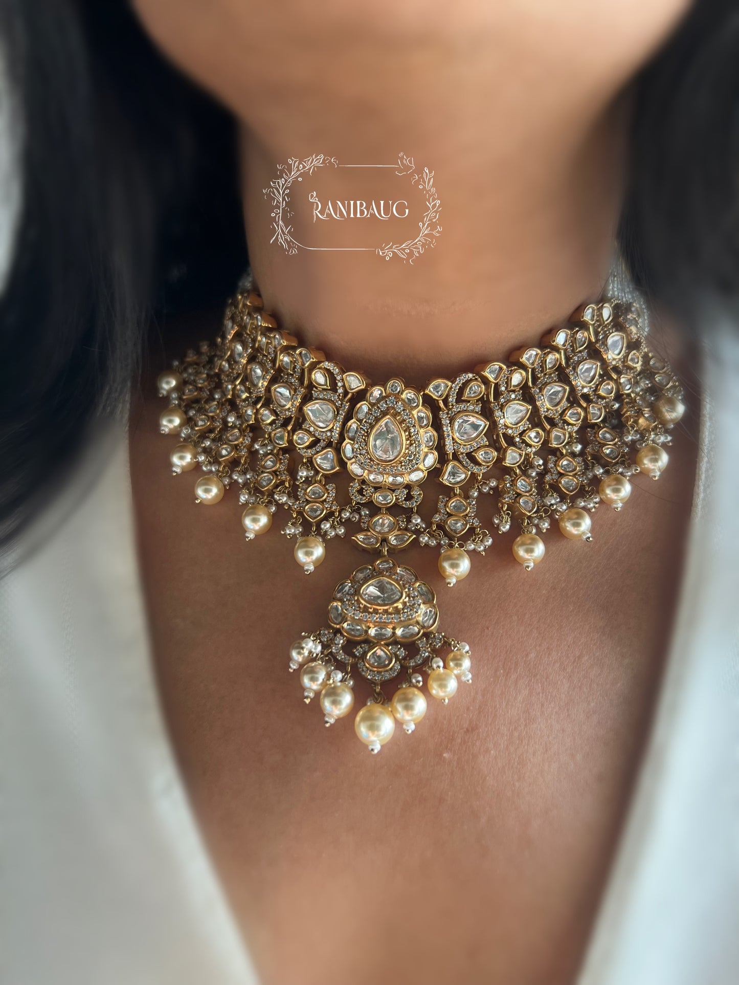 Vihaara Polki Gold Finish Pearl Adorned Royal Statement Necklace Jewellery Set By Ranibaug