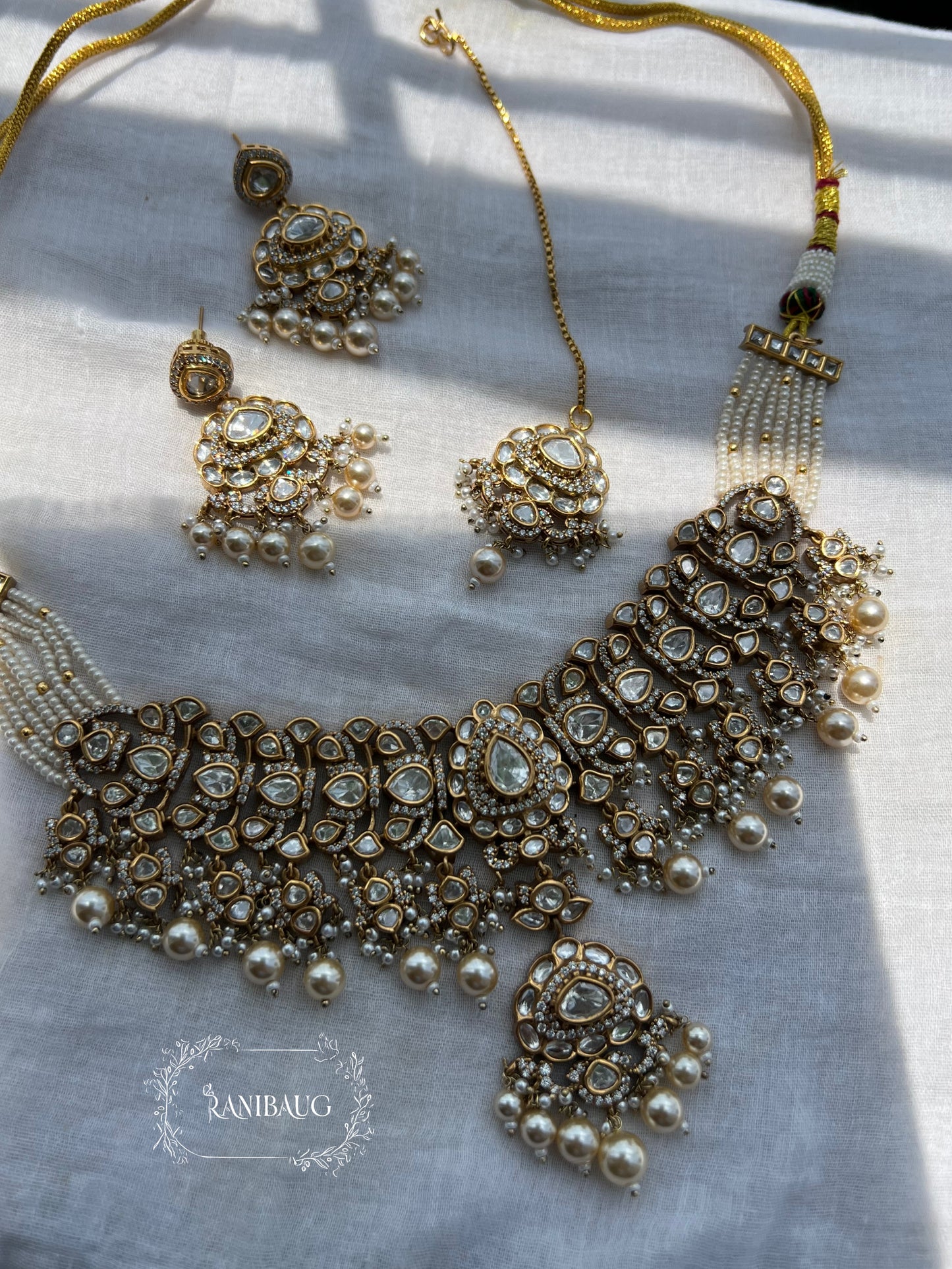 Vihaara Polki Gold Finish Pearl Adorned Royal Statement Necklace Jewellery Set By Ranibaug