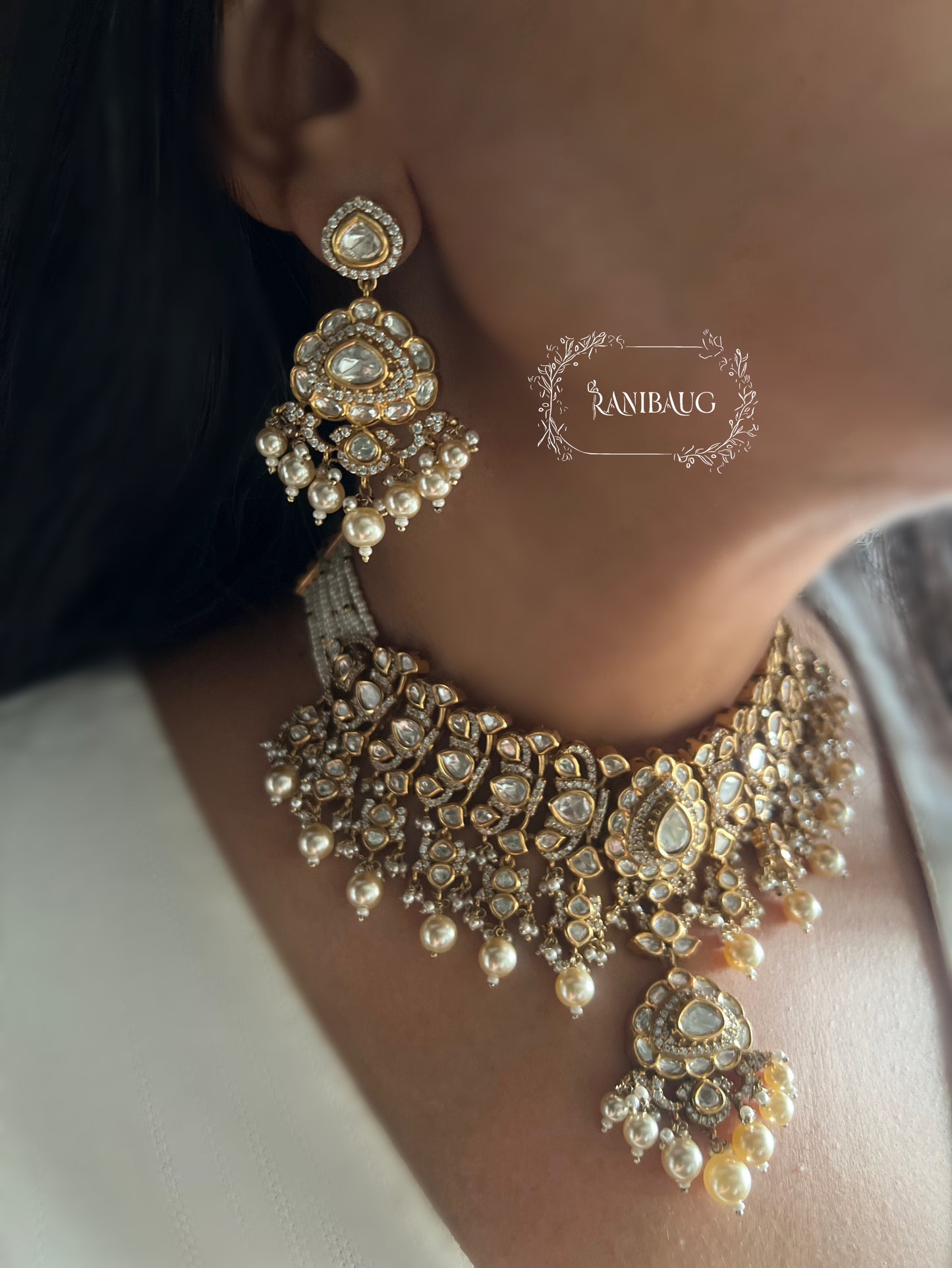 Vihaara Polki Gold Finish Pearl Adorned Royal Statement Necklace Jewellery Set By Ranibaug