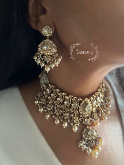 Vihaara Polki Gold Finish Pearl Adorned Royal Statement Necklace Jewellery Set By Ranibaug