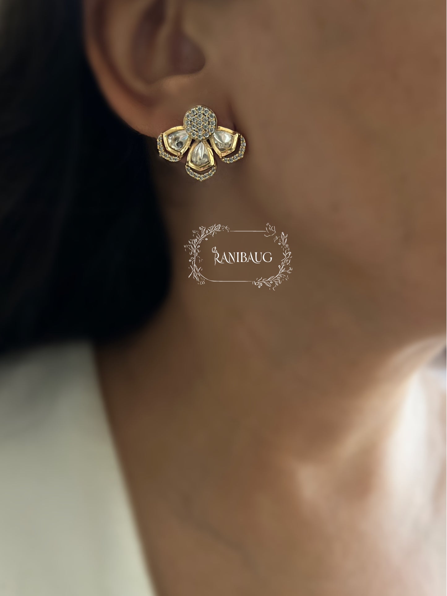 Vihana Polki Kundan Floral Premium Gold Finish Ear Studs By Ranibaug