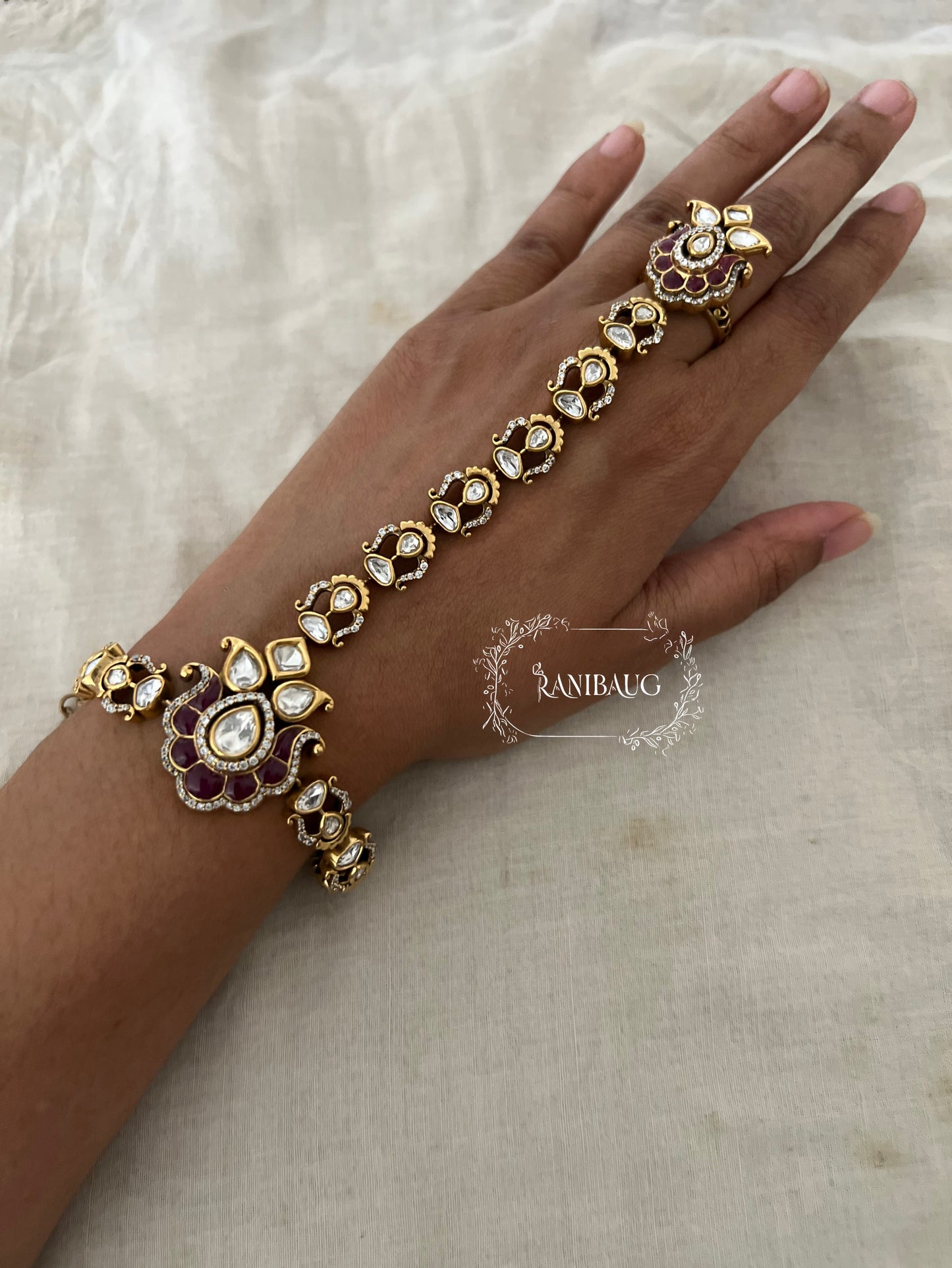 Vihana Polki Kundan Studded Floral Motif Teardrop Accents Premium Haathphool In Rich Gold Finish By Ranibaug