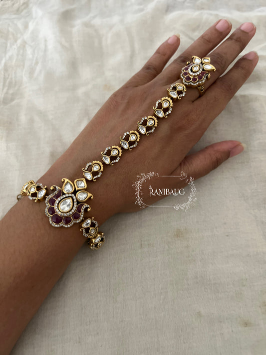 Vihana Polki Kundan Studded Floral Motif Teardrop Accents Premium Haathphool In Rich Gold Finish By Ranibaug